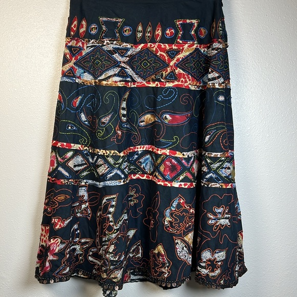 Chicos Midi Skirt L‎ Circle Cotton Side Zip Gypsy Embroidered Tiers Beaded Fall - Picture 1 of 17